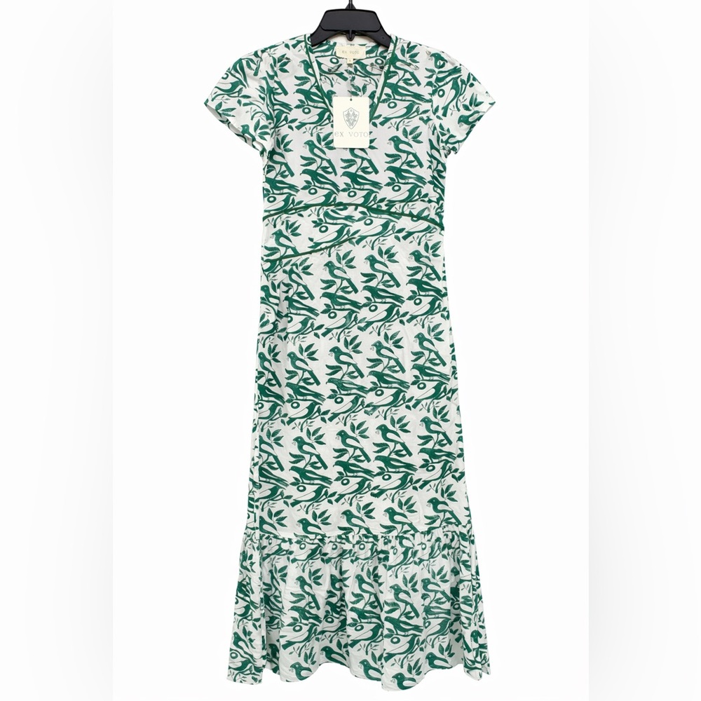 Ex Voto Bird Print Boho Cotton Midi Dress Green White Vacation Cottagecore NWT - Picture 3 of 8